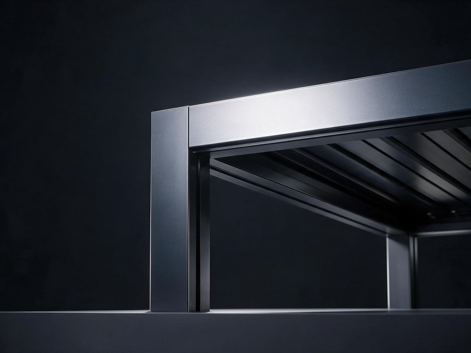 Illustrative exterior study of a dark aluminium pergola corner on a low plinth.