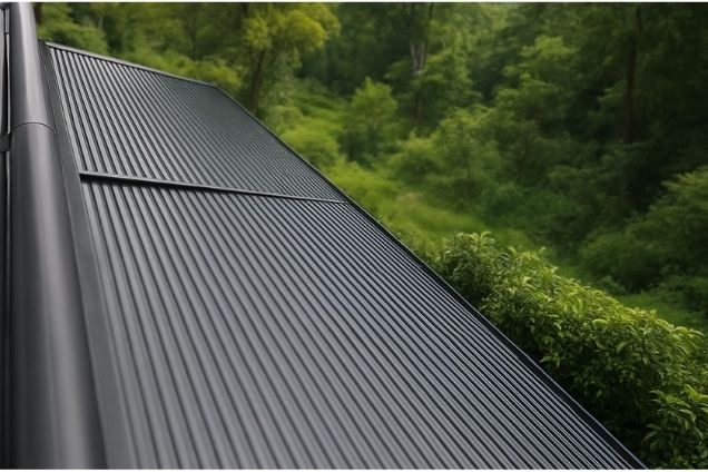 Dark sunshade shutters beside trees.