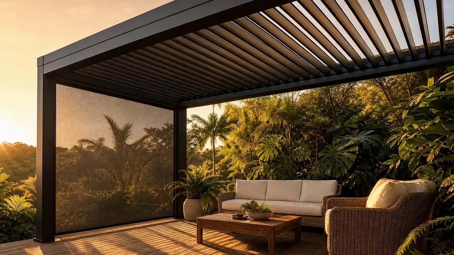 Illustrative patio beneath an aluminium pergola with a side zip blind.